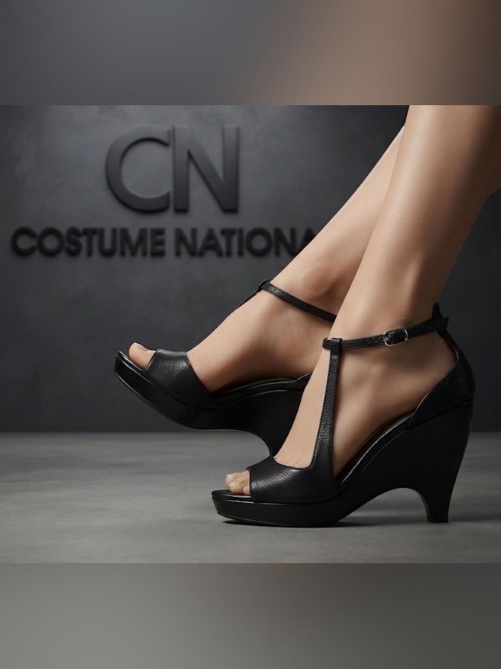 Authentic CNC Costume National black leather designer platform heels sz 9.5